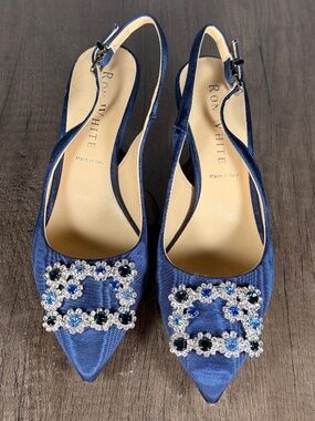 Ron White Blue Satin Crystal Slingback Heels Made in Italy Size 37.5